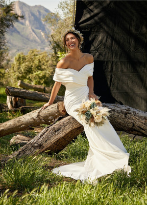 Off Shoulder Ivory Pleated Satin Latest Wedding Dress